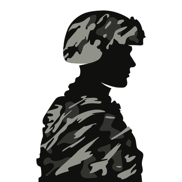 Zwart silhouet van een amerikaanse soldaat in profielcamouflagekleuring van het uniform