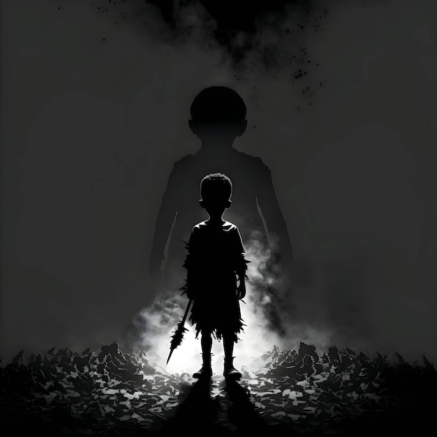 Zwart silhouet van een eenzame jongen op donkere achtergrond