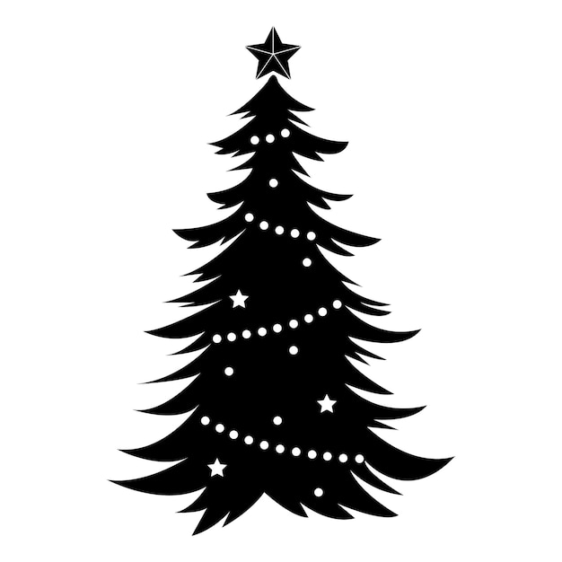 Zwart silhouet van een kerstboom met versieringen. Vector pictogram geïsoleerd op een witte achtergrond.