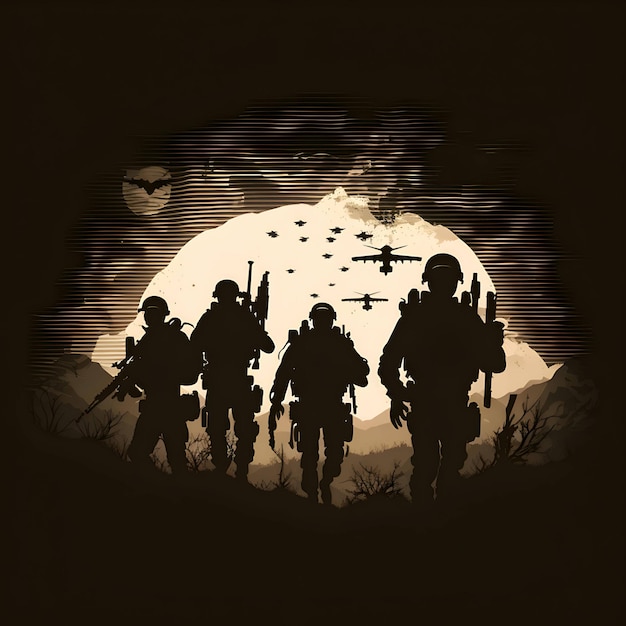 Zwart silhouet van een leger op witte achtergrond