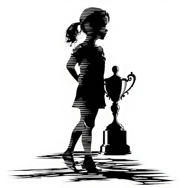 Zwart silhouet van een meisje met een kopje op witte achtergrond