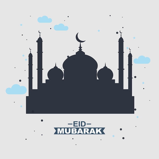 Vector zwart silhouet van een moskee met een blauwe achtergrond en de tekst eid mubarak.