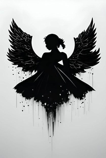 Zwart silhouet van een vrouw als engel op witte achtergrond