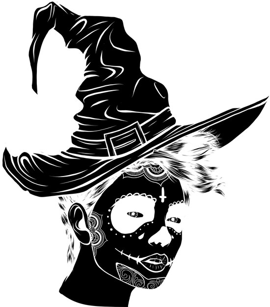 Vector zwart silhouet van heks in een klassieke hoed vector illustratie