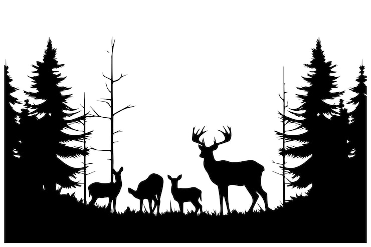 Vector zwart silhouet van wilde bosdieren herten en bos sparren
