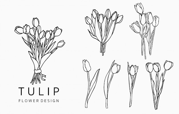 Zwart tulp logo collectie met bladeren, geometrisch.