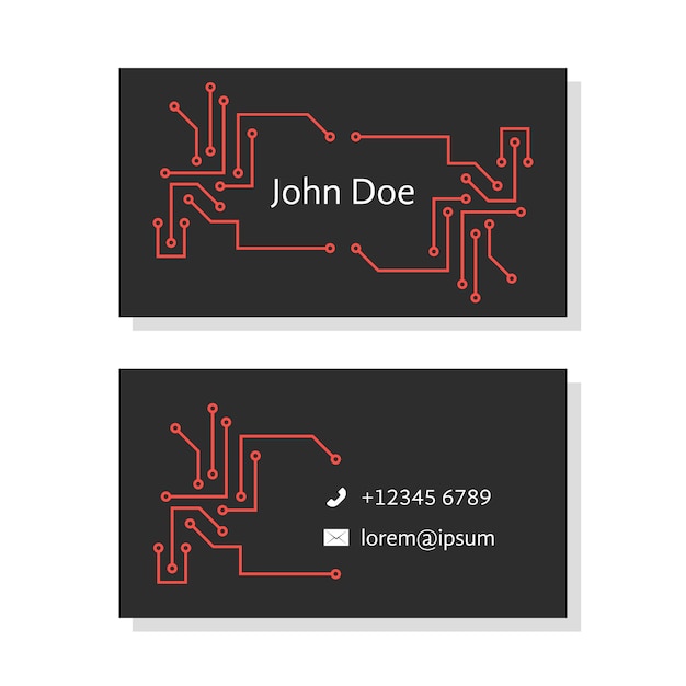 Vector zwart visitekaartje met pcb-elementen. concept van systeembeheerder, technische ondersteuning, persoonlijk visitekaartje. geïsoleerd op een witte achtergrond. vlakke stijl trend moderne logo ontwerp vectorillustratie