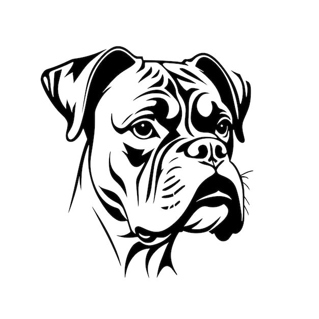 Vector zwart-wit 2d plat beeld van een boxer hond gezicht silhouet portret familie huisdier huisdier hond