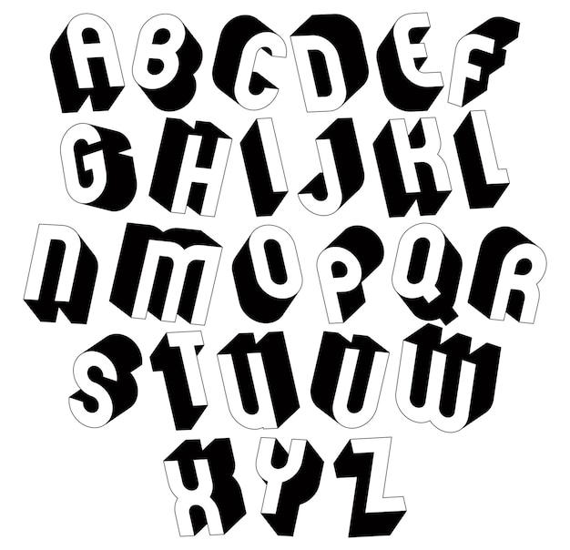Zwart-wit 3D-lettertype, eenkleurig eenvoudig en vetgedrukt alfabet, het beste voor gebruik in webdesign en reclame, voor gebruik in koppen, elegante symbolen met een goede stijl.
