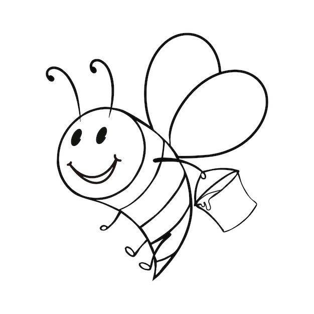 Zwart-wit afbeelding een bij met een emmer honing vectorillustratie in cartoon-stijl
