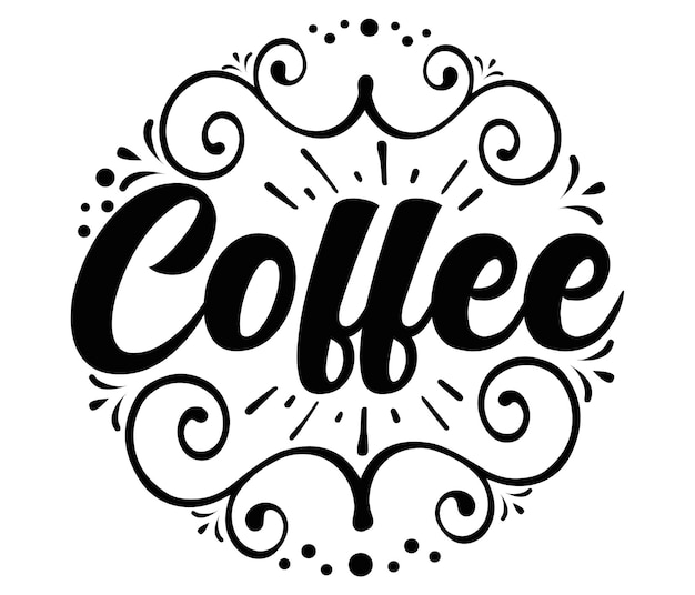 Zwart-wit afbeelding van een koffie-logo met wervelingen en het woord koffie op de bodem.