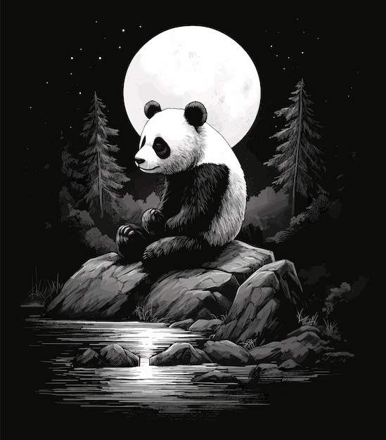 zwart-wit afbeelding van een panda 's nachts