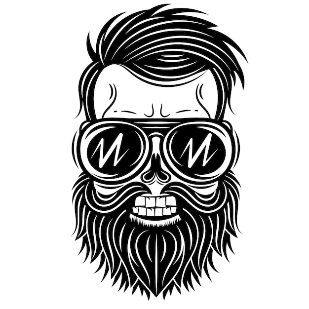 Vector zwart-wit afbeelding van een schedel met een baard snor hipster kapsel en zonnebril geïsoleerd