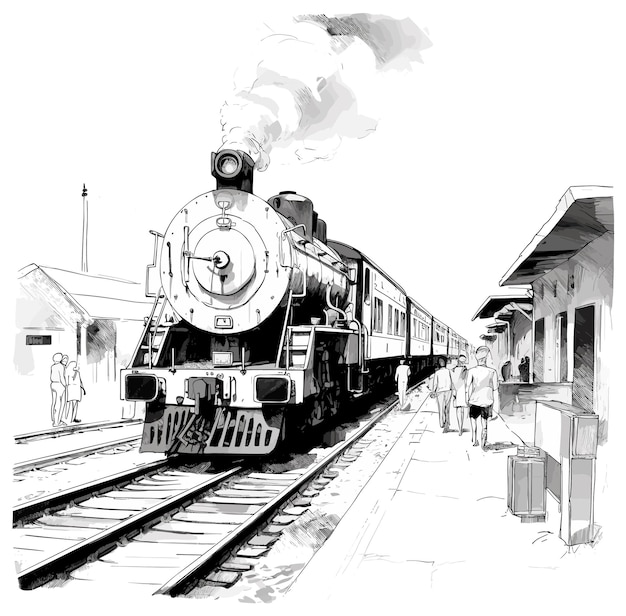 Zwart-wit afbeelding van een trein aangekomen op het station