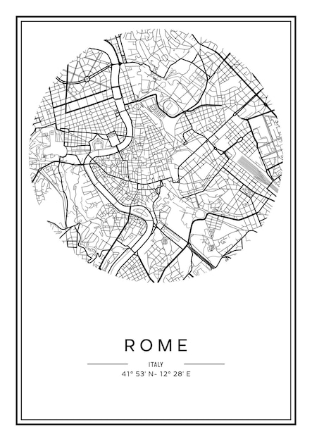 Zwart-wit afdrukbare Rome stadsplattegrond poster ontwerp vector illistratie