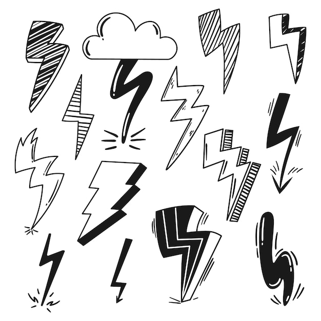 Zwart-wit bliksem iconen set verzameling van elektrificerende symbolen die de kracht van bliksem vastleggen elementen voor het toevoegen van een dynamisch tintje aan ontwerpen en projecten monochrome vectorillustratie
