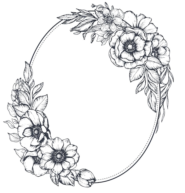 zwart-wit bloemenframe met boeketten van handgetekende anemoonbloemen, knoppen en bladeren in schetsstijl.
