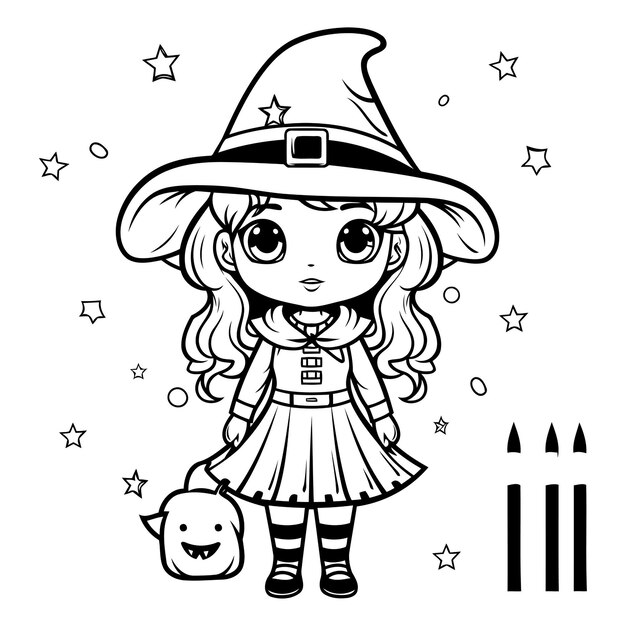 Zwart-wit cartoon illustratie van cute little witch girl personage voor kleurboek