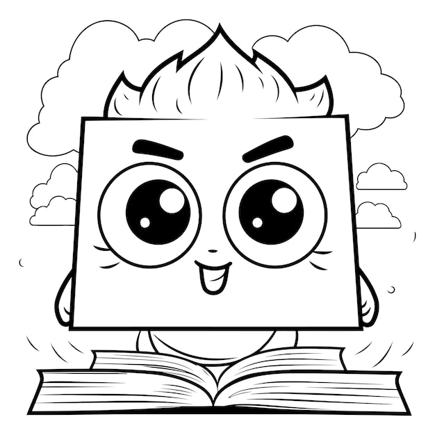 Zwart-wit cartoon illustratie van grappig boek personage met open boek