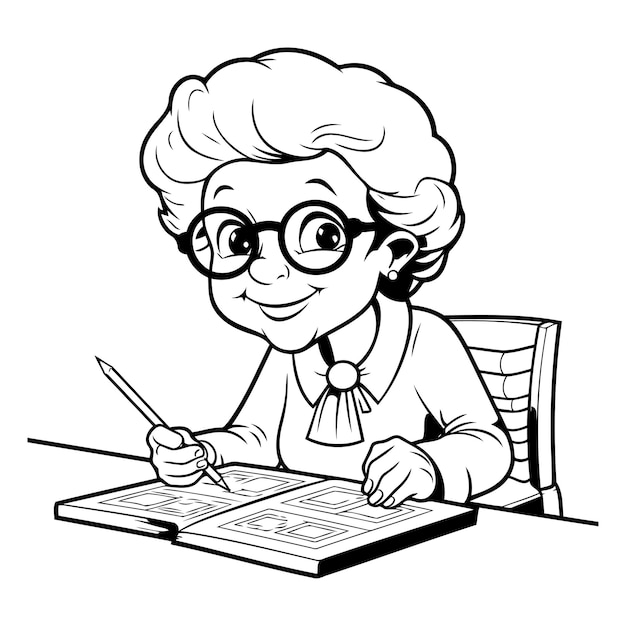 Zwart-wit cartoon illustratie van grootmoeder die thuis een boek leest