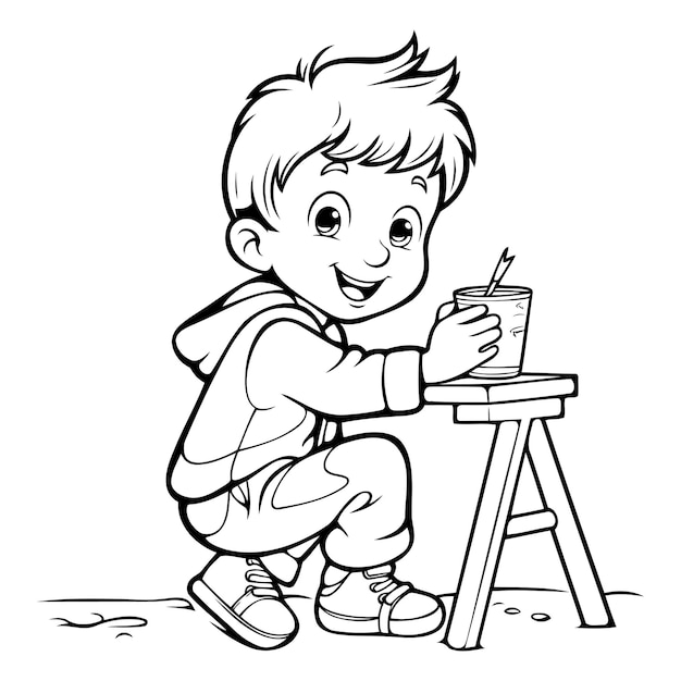 Vector zwart-wit cartoon illustratie van kid boy drinking coffee of tea voor kleurboek