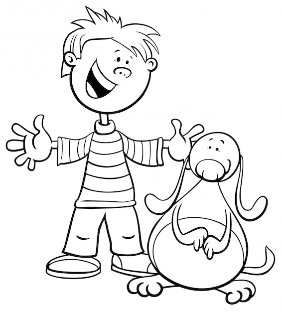 Zwart-wit cartoon illustratie van kid boy met grappige hond of puppy coloring book