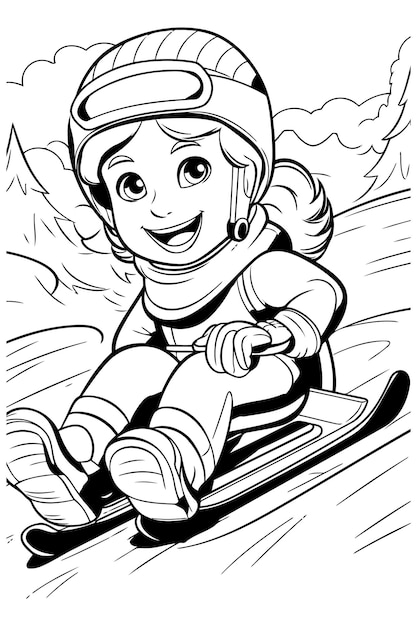 Zwart-wit cartoon illustratie van kid snowboarder ski