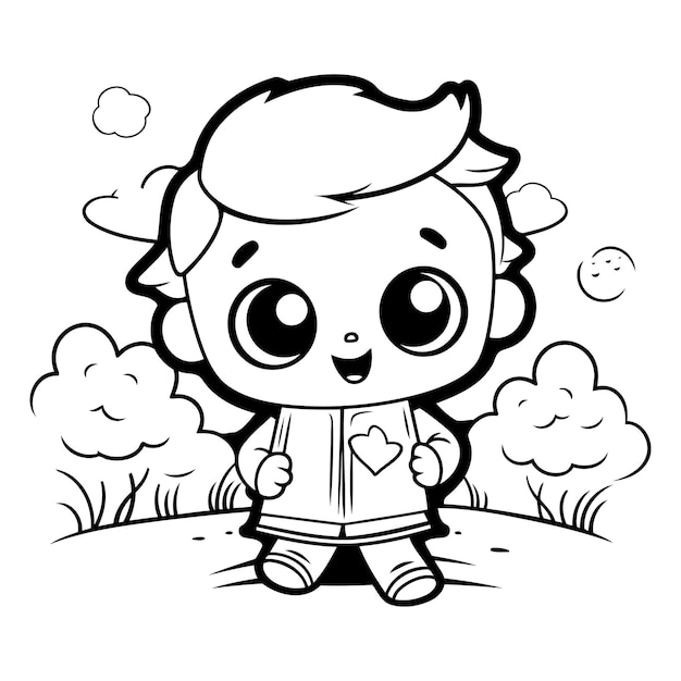 Zwart-wit cartoon illustratie van schattig baby jongen personage voor kleurboek