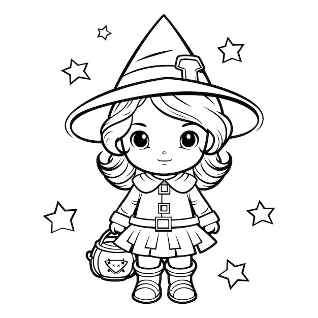 Zwart-wit cartoon illustratie van schattig kleine heks personage voor kleurboek