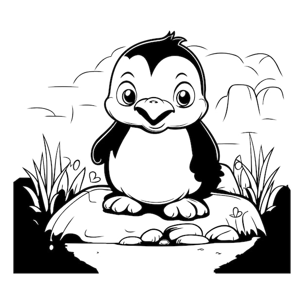 Zwart-wit cartoon illustratie van schattig pinguïn dier personage voor kleurboek