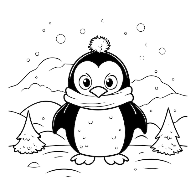 Vector zwart-wit cartoon illustratie van schattig pinguïn personage voor kleurboek