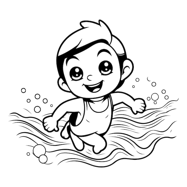 Zwart-wit cartoon illustratie van schattige baby jongen zwemmen in het water voor kleurboek