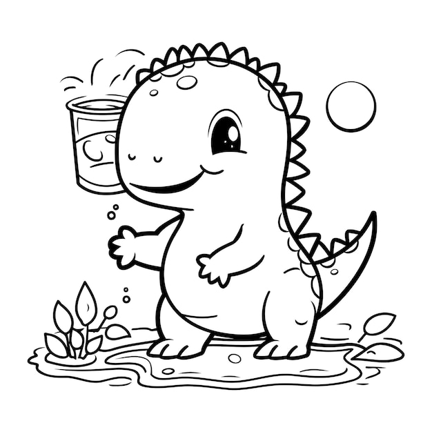 Zwart-wit cartoon illustratie van schattige dinosaurus drinkwater voor kleurboek