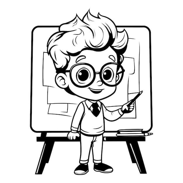 Zwart-wit cartoon illustratie van schattige jongen tekenen op zwart bord of krijtbord voor kleurboek