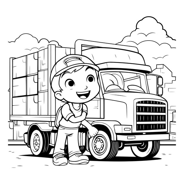 Vector zwart-wit cartoon illustratie van schattige kleine jongen in hardhoed die een grote vrachtwagen of semi-truck rijdt voor kleurboek