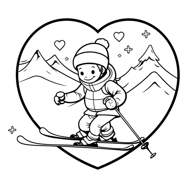 Zwart-wit cartoon illustratie van skiër in hartvorm voor kleurboek