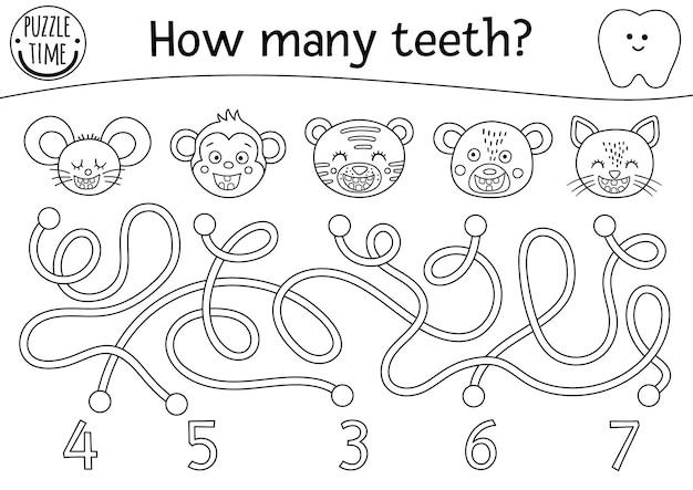 Zwart-wit doolhof voor tandheelkundige zorg voor kinderen preschool overzicht wiskundige activiteit met toothy dieren grappige lijn puzzel of kleurplaat labyrint tellen voor kinderen hoeveel tandenxa