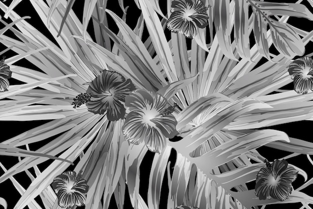 Vector zwart wit exotisch patroon. monsterabladeren en hibiscusbloemen in zomerse print. verzadigde grote bloemenbadkledingprint. horizontale romantische wild vector exotische tegel. hypernatuurlijk botanisch ontwerp.