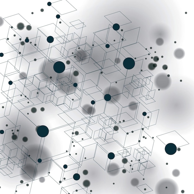 Zwart-wit grafische web achtergrond met spot elementen en verbonden punten mesh vector abstract gecompliceerde cover gemaakt van geometrische transparante figuren eps10 tech illustratie