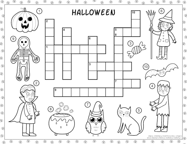 Zwart-wit Halloween kruiswoordraadsel met griezelige karakters. Pompoen, heks, zombie, vampier en meer