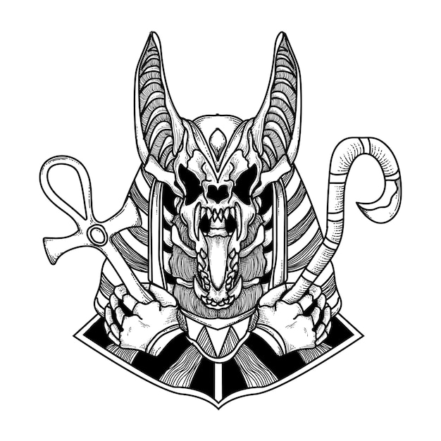 Zwart-wit handgetekende tattoo en t-shirt ontwerp schedel anubis premium vetor