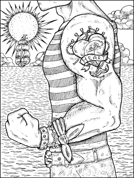 Zwart-wit illustratie van een dappere zeeman met een tatoeage op zee achtergrond met schip