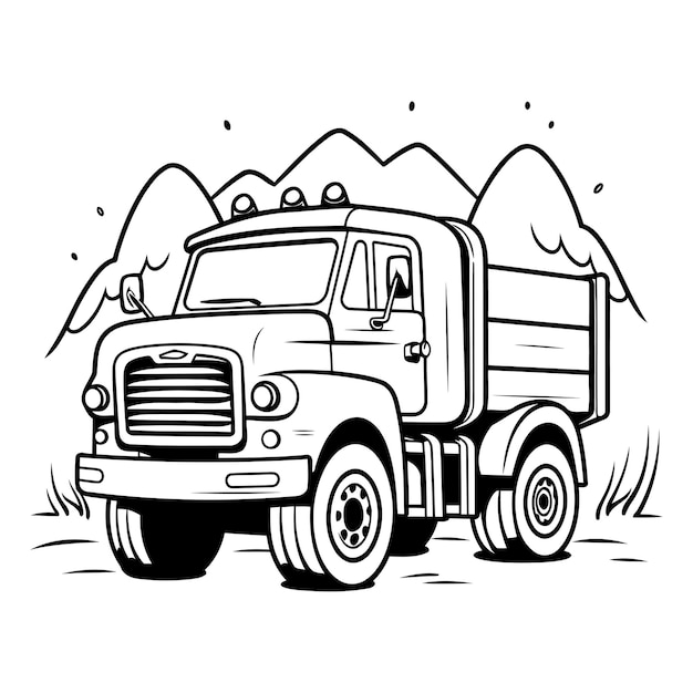 Vector zwart-wit illustratie van een dump truck op de weg