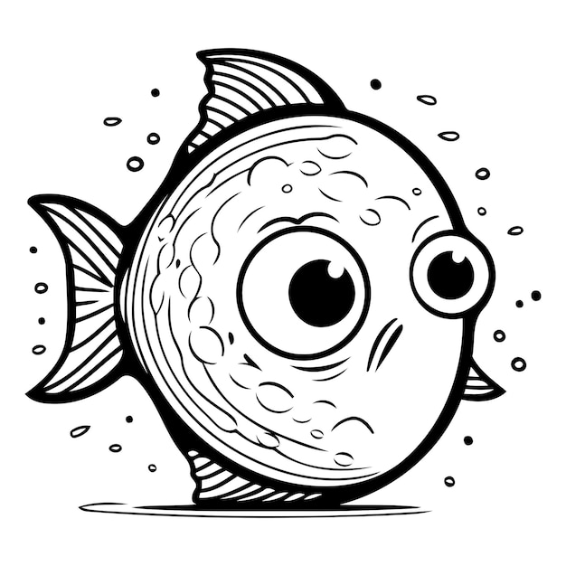 Zwart-wit illustratie van een grappige vis Cartoon stijl Vector