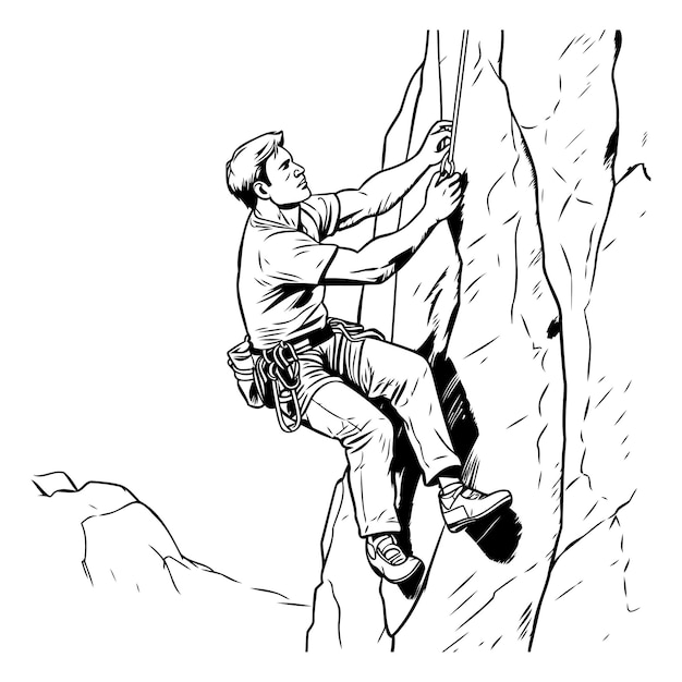 Zwart-wit illustratie van een klimmer die op een klif klimt