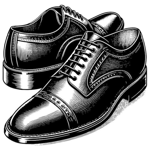 Zwart-wit illustratie van een paar mannelijke leren schoenen