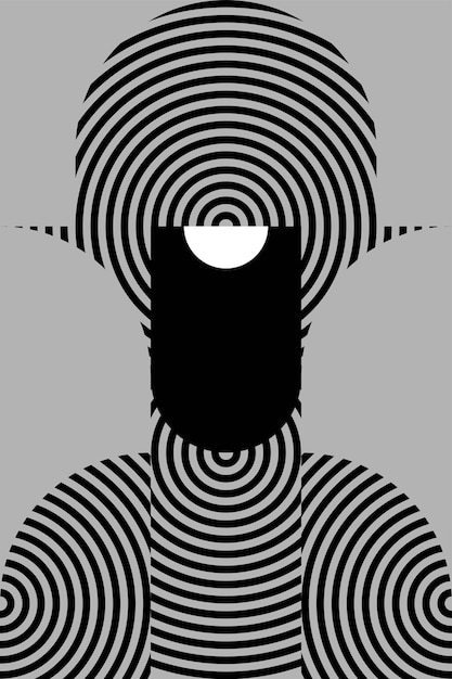 zwart-wit illustratie van robot gezicht met cirkelvormige geometrische patroon vector