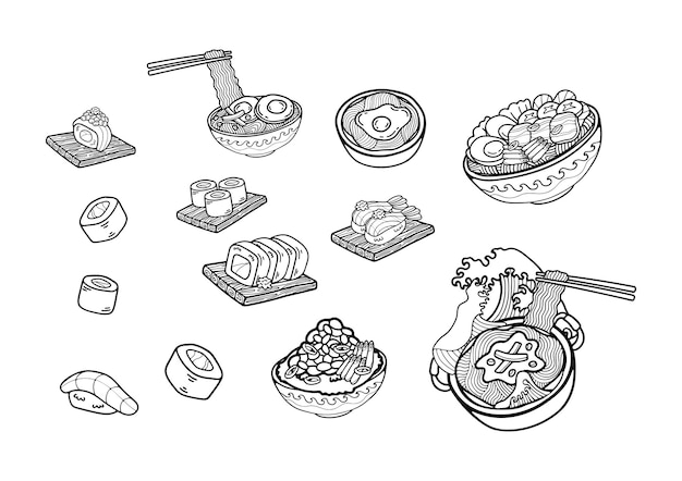 zwart-wit Japanse voedsel set platte stijl illustraties