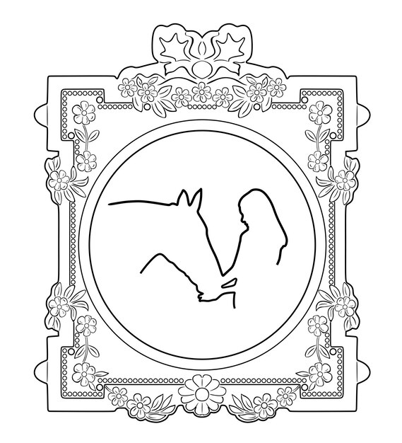 zwart-wit lijntekeningen meisje en paard liefde met frame 40 logo