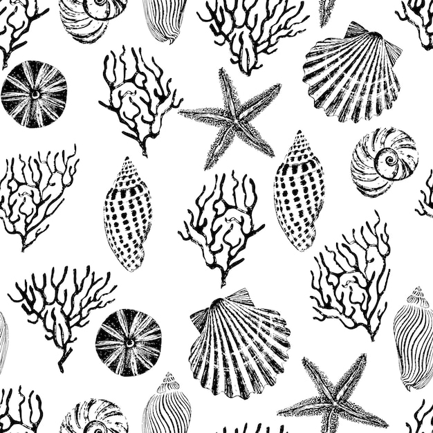 Zwart-wit marine naadloos patroon van koralen, schelpen, zeester. Zwarte inkt borstel textuur. Vector